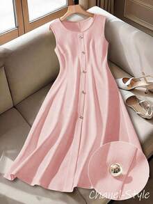 GlowEve CURVE Plus Size Women's Solid Color Round Neck Sleeveless Elegant Slim Fit Work/Casual French Style Dress