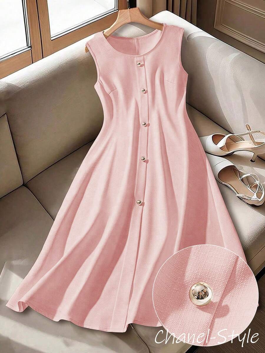 GlowEve CURVE Plus Size Women's Solid Color Round Neck Sleeveless Elegant Slim Fit Work/Casual French Style Dress