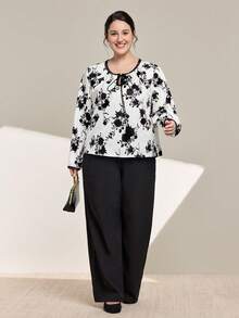 两件套加大码女装，印花衬衫+休闲裤，适合户外休闲和居家穿着。 - 彩色 - 查看 3