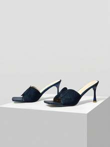 MOTF PREMIUM WOMEN BEARD DETAIL SQUARE TOE HEELED SANDALS - Navy Blue - View 4