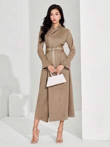 Heiryn Váy dài tay tối giản màu trơn dành cho nữ, mặc thường ngày - Màu Khaki - Xem 5