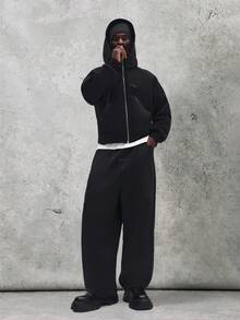 SUMWON 常规款拉链连帽衫，带抽绳帽和前袋，休闲卫衣外套，适合秋冬季日常穿着，纯色 - 黑色 - 查看 3