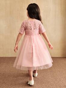 SHEIN Blumen Kleine Mädchen Partykleid, Geburtstag, Hochzeit, Kleine Mädchen rosa Jacquard Blumen elegantes Kleid, Rundhals Midi Tüllkleid für formelle Anlässe, Bühnenauftritte, Klavierrezitale, Veranstaltungen und Fotoshootings, um es natürlicher und schöner zu machen - Pink - Übersicht 2