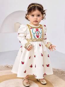 Baby Girl Ditsy Floral Fitted Round Neck Woven Dress With Rose Gold Ribbon - Multicolor - View 4