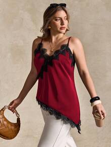Elegantrix Plus Size Women Urban Casual Lace Asymmetric Hem V-Neck Patchwork Solid Color Cropped Camisole - Red - View 5