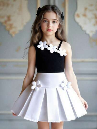 Elladie kids Young Girls Everyday Casual Colorblock Sleeveless Camisole And Skirt Set With Asymmetrical Neck And Floral Appliques