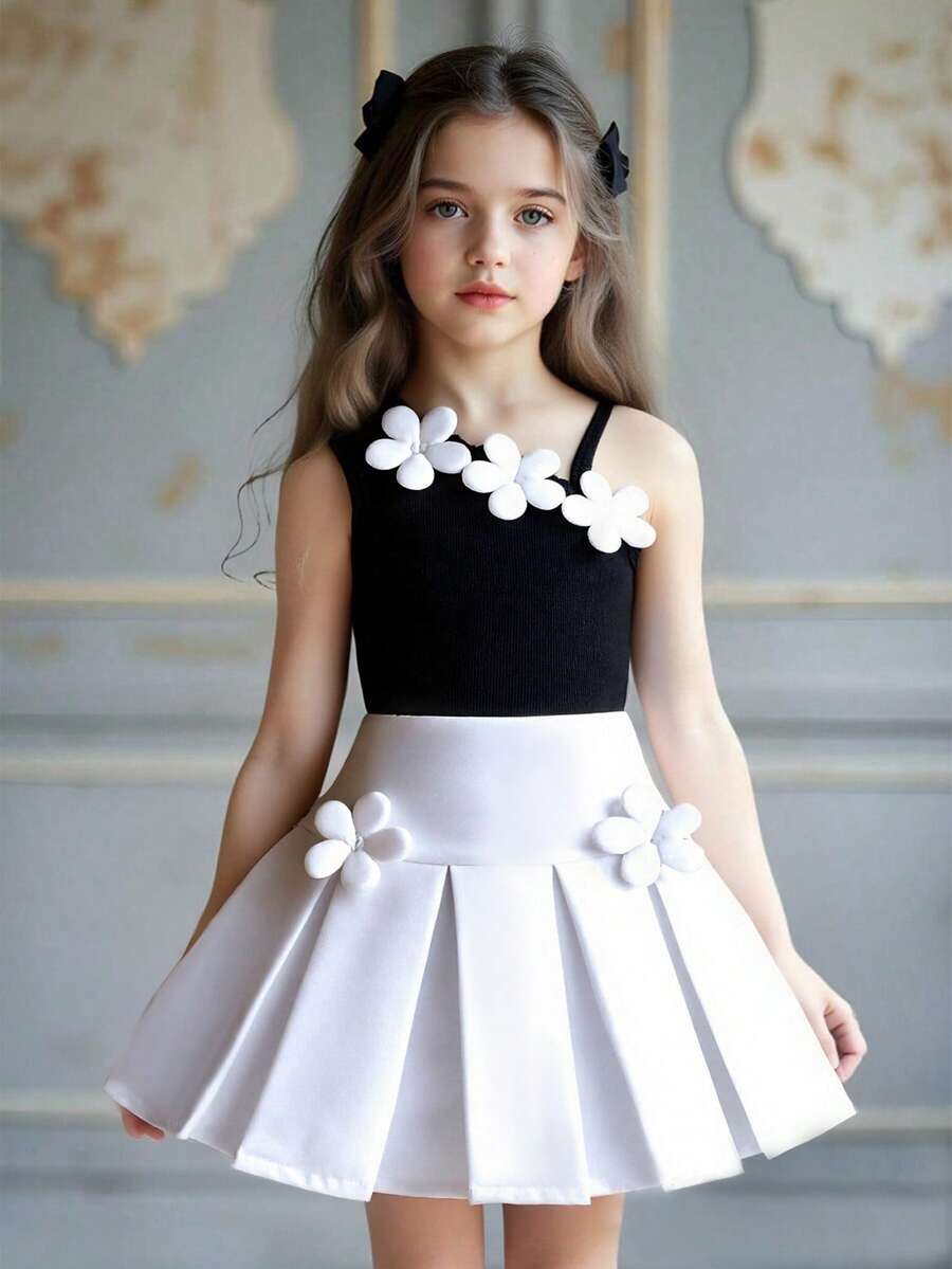 Elladie kids 春夏女童黑白撞色碎花无袖上衣搭配白色百褶裙套装，甜美可爱，适合日常穿着、户外活动、玩耍和旅行。 - 黑色 - 查看 1