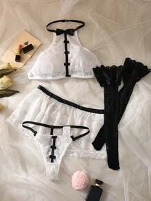 Ruffled Collared Contrast Color Top + Thong Panty + Garter Belt + Thigh-High Socks Sexy Lingerie Set For Women - Black and White - View 3