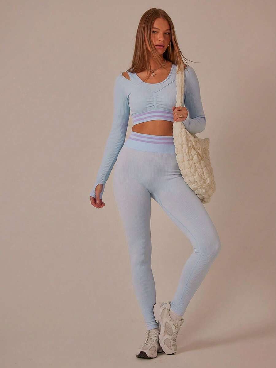 Aralina Bộ đồ tập gym hai mảnh Leisurewear hai tông màu, tay dài, nhún bèo phía trước, có áo ba lỗ hai lớp và quần legging năng động dành cho nữ - Màu xanh bụi bặm - Xem 1