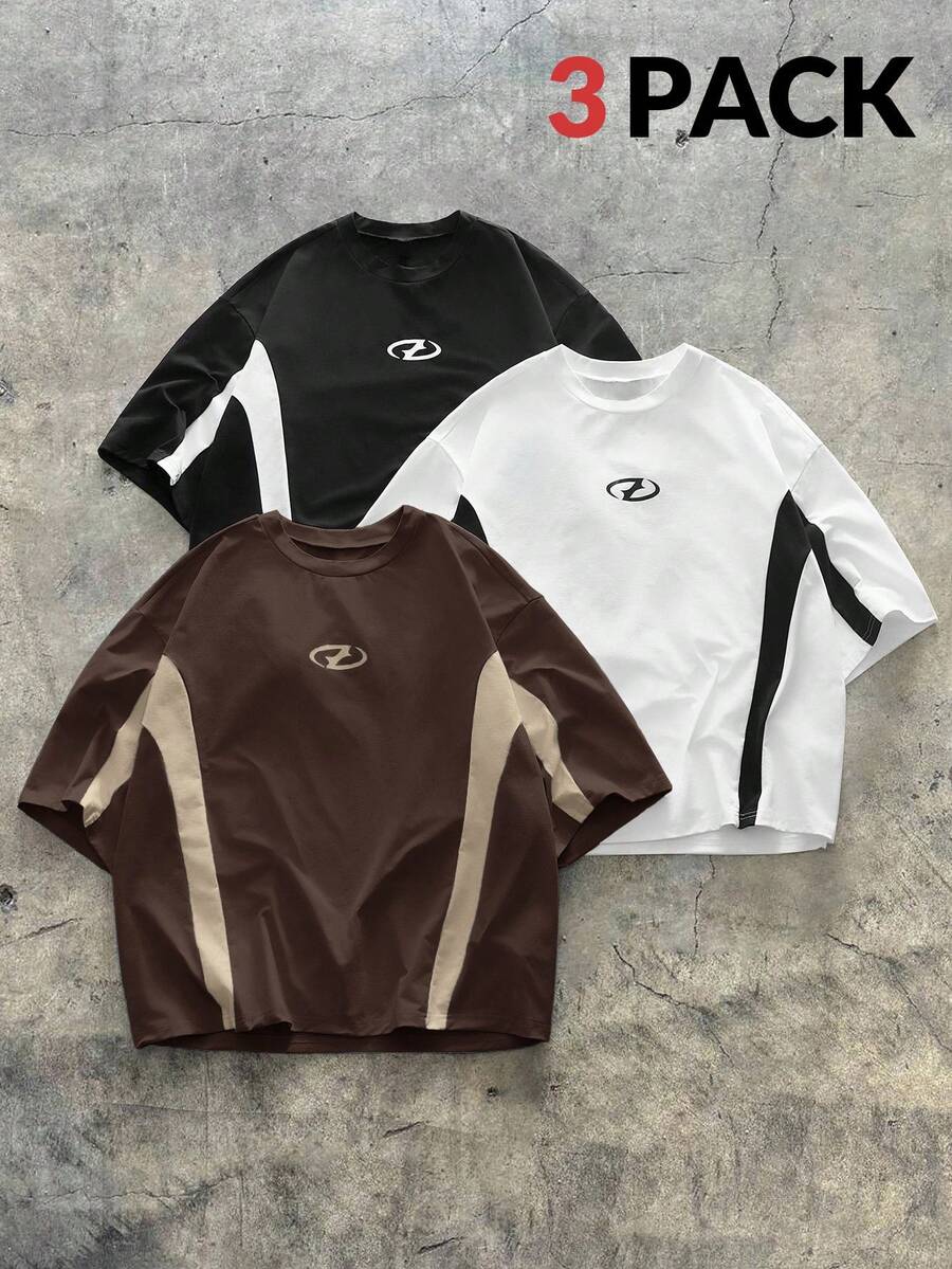 AXEPEAK Set de 3 camisetas de manga corta con cuello redondo y estampado de color contrastante para hombres - Multicolor - Ver 1