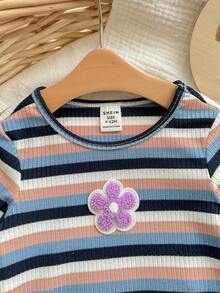 SHEIN Babygirl Cute Summer Casual Versatile Knit Colorful Striped Short Sleeve Top And Elastic Waist Pants Set