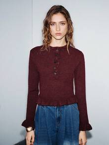 SHEIN Luminelle Layered Ruffled Knit Cardigan, Stylish, Sweet, Versatile Pullover Sweater, Burgundy, Perfect For Holiday, Commuting, Vacation, New Year, Christmas, And Winter – Elegant. - Burgundy - View 3