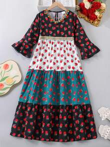 رمضان رداء بياقة على شكل حرف V مع طباعة زهرية مرقعة، وحزام شراشيب ملون، وأكمام ثلاثة أرباع للبنات