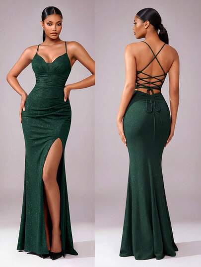 Coutiva Vestido largo de noche formal de mujer con abertura lateral, bajo de cola de pez sin mangas, para fiestas y bodas de invitada