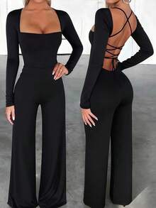 INAWLY Fitted Sexy Square Neck Backless Lace-Up Hem High Slit Long Sleeve Jumpsuit For Women - Black - View 1