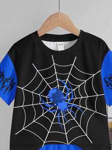 2pcs/Set Young Boy Casual Cartoon Spider Print Round Neck Short Sleeve T-Shirt And Shorts Set, Suitable For Summer - Multicolor - View 5