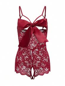Bow Front Floral Lace Crotchless Teddy Bodysuit Lingerie - Burgundy - View 1