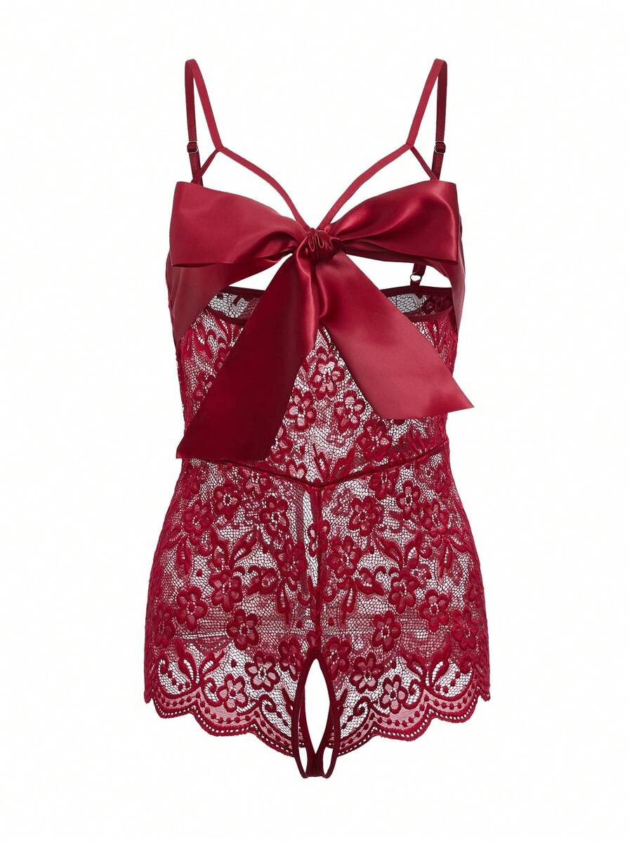 Bow Front Floral Lace Crotchless Teddy Bodysuit Lingerie - Burgundy - View 1
