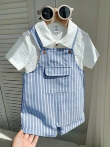 SHEIN Bộ 2 món/Bộ đồ liền thân áo sơ mi trắng tay ngắn dễ thương và quần đùi có dây đeo kẻ sọc thoải mái cho bé trai/bé gái, thích hợp mặc trong nhà, ngoài trời, hàng ngày, thể thao, vui chơi, tiệc tùng, chụp ảnh, ngày lễ, mùa xuân/hè - Màu xanh lam - Xem 6