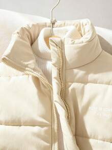 SHEIN Tween Girls' Casual All-Match Versatile Commuting Stand Collar Loose Drop Shoulder Letter Print Jacket, Warm For Autumn/Winter - Apricot - View 6