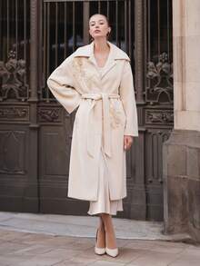ORNATELLA Elegant Long Coat With 3D Floral Beaded Embellishment - Beige - View 3
