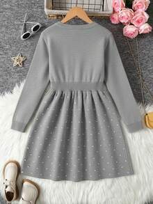 SHEIN 秋冬季少女休闲简约舒适圆领长袖蝴蝶结装饰针织毛衣连衣裙 - 灰色 - 查看 2