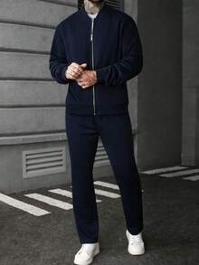 Manfinity CasualCool 男士纯色拉链外套和裤子休闲套装