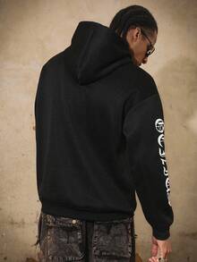 PAVTROS 男士嘻哈印花长袖连帽衫，男款，宽松，最佳，男友风，夏季，度假，Y2K，复古，朋友，哥特字体街头风 - 黑色 - 查看 2