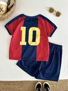 2pcs/Set Young Boys' Red & Blue Striped Sports Jersey Outfit, Knit Top Tee And Shorts Set, Barcelona FC, Suitable For Indoor, Outdoor, Daily Wear, Sports, Play, Party, Photo Shoot, Vacation, Match, Spring/Summer - Multicolor - View 3