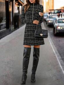 Editum 女式格子长袖拉链半开襟休闲连衣裙 - 黑與白 - 查看 5