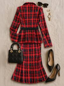 Amorya Women's Elegant Red And Black Plaid Blazer Top & Fish Tail Skirt 2 Pieces Set,Autumn Office Tweed Suit For Christmas,New Year & Valentine's Day Outfit - Multicolor - View 5