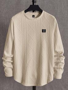 EASEVO 加大码男士宽松针织麦穗菱形图案圆领长袖T恤 - 杏色 - 查看 5