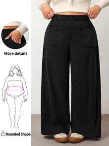 Enliva 秋冬大码简约休闲纯色斜口袋直筒西装裤 - 黑色 - 查看 1