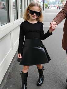 Tween Girls Ribbed Long Sleeve Top Paired With Bow Decor Slit Hem Black PU Leather Skirt, Autumn/Winter T-Shirt Set - Black - View 1