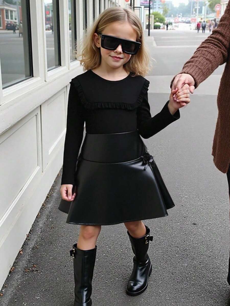 Tween Girls Ribbed Long Sleeve Top Paired With Bow Decor Slit Hem Black PU Leather Skirt, Autumn/Winter T-Shirt Set - Black - View 1