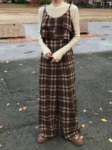 FRIFUL Bộ jumpsuit nữ kẻ caro xếp lớp, ống thẳng, dáng rộng, thoải mái, đa năng cho mùa thu/đông, thích hợp mặc ở nhà. - Nhiều màu - Xem 4
