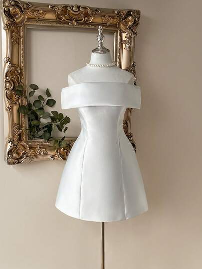 Lovelzi Vestido formal de fiesta elegante, romántico y de moda con lazo de satén blanco, decoración sin tirantes y corte evasé. Vestido para invitada de boda, vestido blanco, vestido para despedida de soltera, vestido de graduación, vestido para fiesta de novia