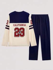 Open Phase 2pcs Men's Striped Letter Print Round Neck Sportswear Set, Graphic Pullover Sweatshirt And Pants Suit, Suitable For Outdoor And Sports, Fall Clothes - Navy Blue - View 2