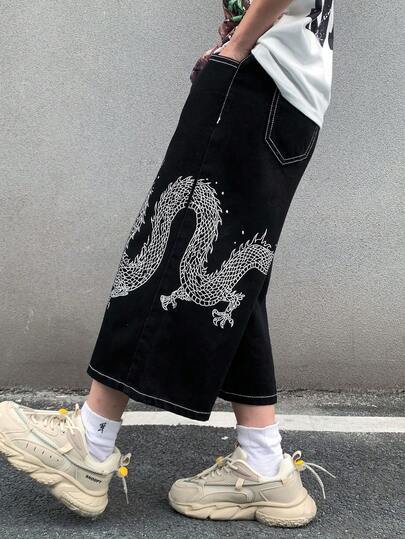 SHEIN 青少年男孩时尚休闲 Y2K 复古酷炫街头龙纹基础款简约舒适黑色牛仔裤，适合日常穿着、春夏锐舞节和街头服饰。