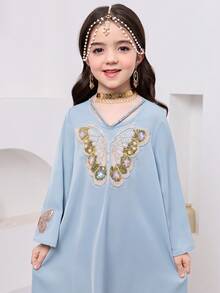 SHEIN 少女圆领蝴蝶装饰休闲连衣裙 - 藍色 - 查看 3