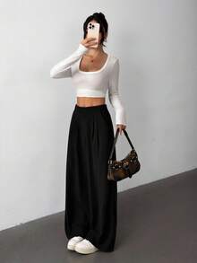 SHEIN PETITE 春夏秋冬纯色高腰阔腿正式优雅休闲正装裤 - 黑色 - 查看 5