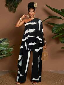 Maweii 春夏秋季不对称手帕下摆黑白抽象笔触印花宽松休闲时尚通勤日常穿搭时尚设计小众必备大码女装两件套 - 彩色 - 查看 1