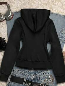 Glimmora Women's Letter & Graphic Print Hooded Zip-Up Long Sleeve Sweatshirt - Black - View 2