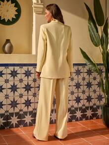 Bóhologie 女士纯色披肩领长袖夹克和裤子休闲套装 - 黃色 - 查看 6
