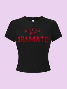 Mean Girls | SHEIN Women's Fashionable Letter Graphic Fitted Short Sleeve T-Shirt, Summer - Black - View 3