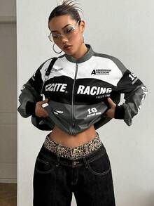 SHEIN PETITE Letter Print Contrast Color Drop Shoulder Bomber Jacket For New Year Clothes - Dark Grey - View 7