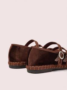 CUCCOO DOLLMOD 女士棕色优雅天鹅绒经典舒适天鹅绒平行双带玛丽珍平底鞋 - 咖啡棕 - 查看 8