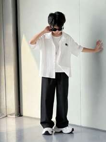 SHEIN Mirajuku 2pcs/Set Casual Teenager White Shirt And Pants Suit, Versatile And Minimalist Style For Tween Boys - Black and White - View 2