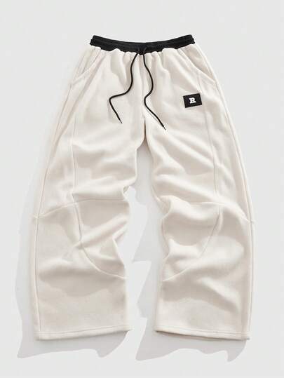 Street Life Men's Letter Print Drawstring Waist Pockets Casual Loose Fit Wide Leg Pants, Versatile For Commuting