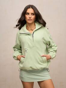 Activina Women's Solid Color Half-Zip Drop Shoulder Loose Pocket Sweatshirt - Mint Green - View 4